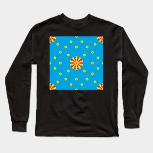 Yellow and Cerise Dahlia and Daisies on a Vibrant Blue background Long Sleeve T-Shirt